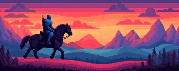 Fototapeta premium A pixel art knight on a quest riding through a colorful fantasy landscape