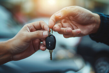 "Second-Hand Auto Purchase or Car Rental: Close-Up of Agent Handing Key to Client"