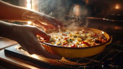 A delicious baked dish is being taken out of the oven. The steam rises, indicating warmth and freshness. This culinary moment captures the joy of cooking and sharing food. AI.