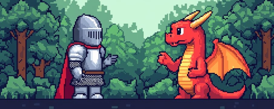 A pixel art knight and dragon having a friendly conversation in a cartoon forest