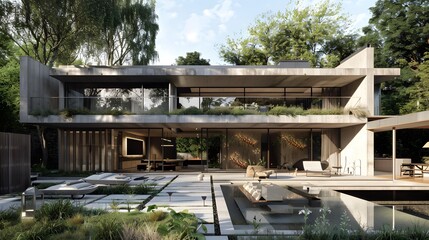 Modern Concrete House with Pool and Garden