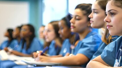 Student nurses attentively listening to an instructor, taking notes during a clinical skills training session at their college