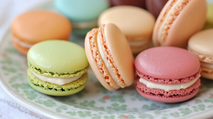 Obraz premium a close-up of colorful macarons on a plate, showing the smooth outer shell and creamy filling