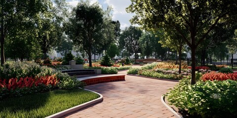 Fototapeta premium Landscaped Park with Brick Pathway and Flower Beds