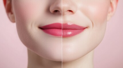 Before and after comparison of lip volumizing enhancement, transformation from thin to full, voluminous lips. Lip contouring advertisement