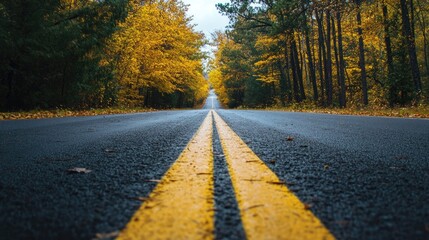 Obraz premium A quiet road with trees on each side and a yellow line down the middle, offering a tranquil and inviting journey.
