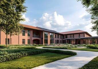 Brick Building with a Courtyard and a Path Leading to the Front Door