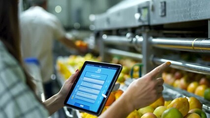 In a large-scale fruit juice facility, a woman uses a tablet to check data on fruit pressing and bottling - Powered by Adobe
