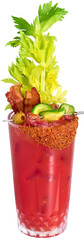 Bloody Ceasar, Bloody mary, Virgin Mary, tomato juice, Vodka, toppings, celery, bacon, olive, cucumbers, ice, rim, unique glass, bar, restaurant drink cocktail high details - Ready to use Premium PNG  © Layer-Lab