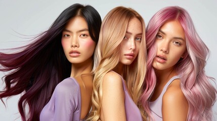 Fototapeta premium Three women with long hair, one with blonde, one with dark, and one with pink hues, pose elegantly, creating a striking display of beauty and individuality
