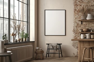 Minimalist Kitchen interior with Poster Mockup created with Generative AI