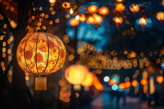 Enchanting mid autumn festival in china lantern lit on city street at night