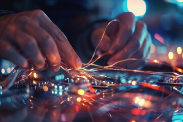 Close up of a technician working with wire in server room