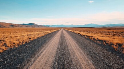 Naklejka premium A long and deserted gravel road stretches endlessly into the horizon, surrounded by a vast, arid landscape bathed in warm sunlight, all under a clear blue sky that is completely devoid of any clouds