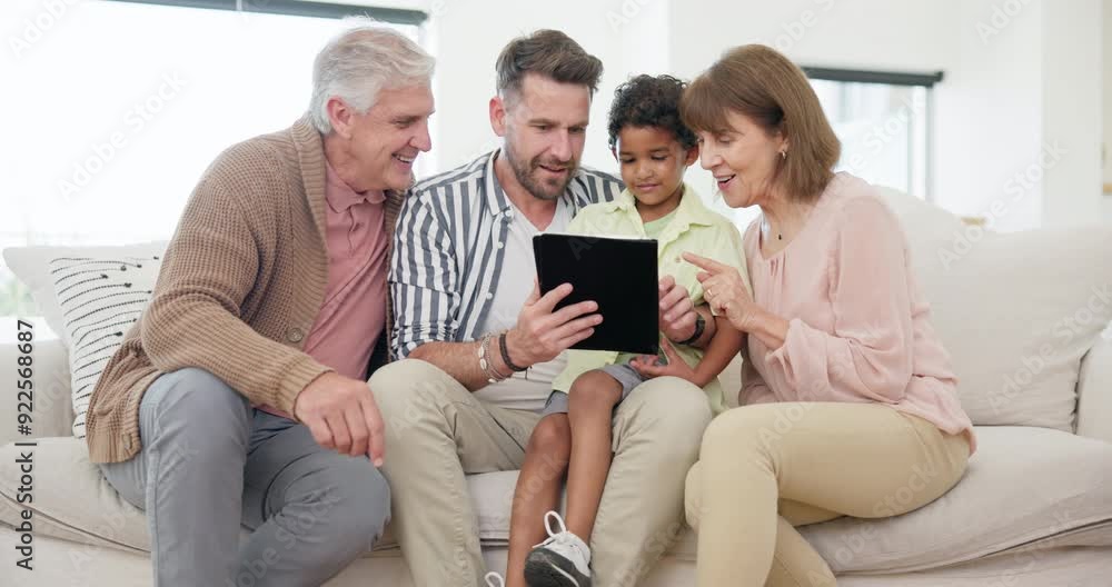 Wall mural Father, grandparents and child on tablet for home education, e learning support or watch video together on sofa. Interracial family, love and senior people on digital technology for school or games