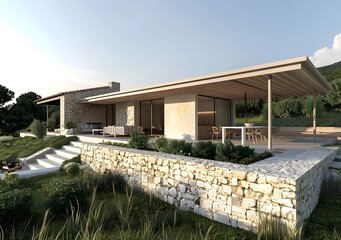 Fototapeta premium Modern Stone House with Outdoor Patio and Pool