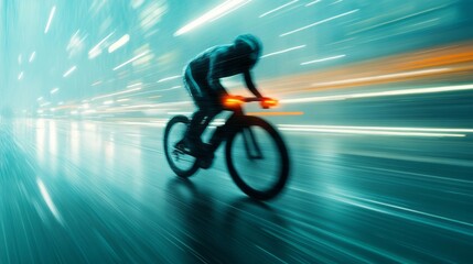 Cyclist racing through a city street at night during a rainstorm with vibrant lights reflecting off the road