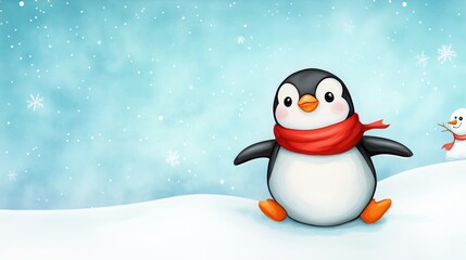 Fototapeta premium watercolor painting of a cartoon penguin wearing a red scarf and sliding on its belly across a snowy landscape.