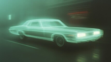 Obraz premium Neon outline of a vintage car cruising through a foggy city street at night