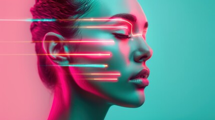 A conceptual portrait featuring neon elements that transform the subject into a futuristic avatar, blending human expression with digital enhancements in a visually captivating display.