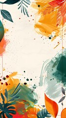 Abstract Watercolor Painting with Tropical Leaves and Splashes of Color