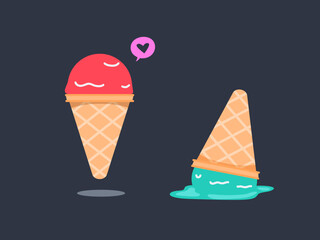 The red ice cream and the fallen one. Isolated Vector Illustration