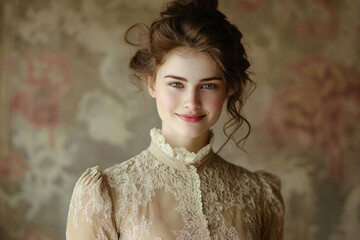 A Victorian-era woman with an enigmatic smile, wearing a high-collared dress.