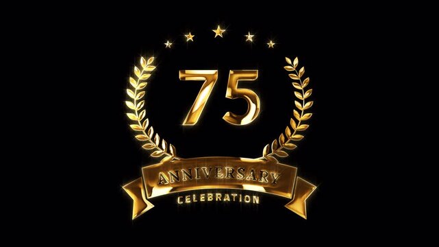 75th Anniversary Celebration. Happy 75 Years Anniversary Animation in Gold Color on the Transparent Background, Alpha Channel. Great for greetings, celebrations, events, and gifts.