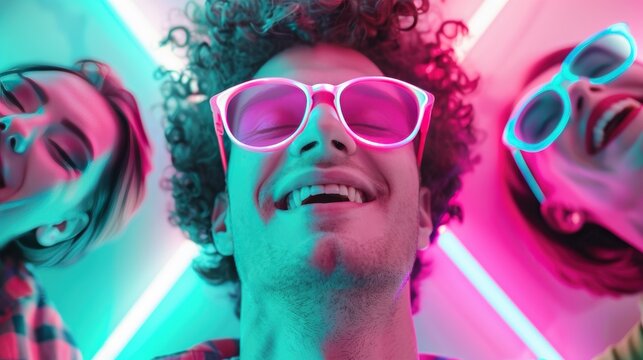 A group of friends gathered for a celebration, captured in a dynamic neon-lit portrait that captures the excitement and joy of the moment.