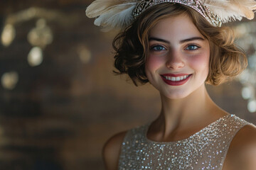 A flapper girl from the 1920s, wearing a beaded dress and a feathered headband, smiling coyly.