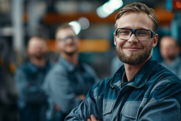 Fototapeta premium Portrait of a smiling factory worker in a group of coworkers