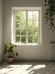 Fototapeta premium White Wall with Window and Green Plant in Pot