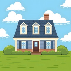 Cartoon Illustration of a House with a Blue Roof and a Brick Chimney