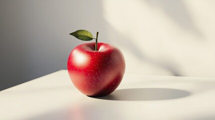 A shiny red apple with a vibrant green stem sits on a white table, offering a simple yet striking contrast.