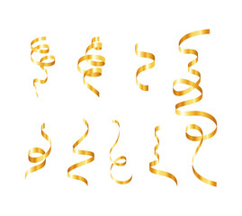 Gold confetti. Serpentine spiral ribbons. Golden luxury party decor.