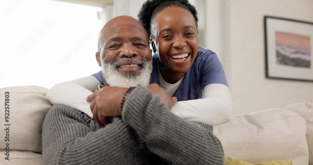 Sticker Senior person, face or happy nurse with hug for support, empathy or healthcare at nursing home. Trust, African patient or portrait of friendly caregiver with a mature black man with smile or love