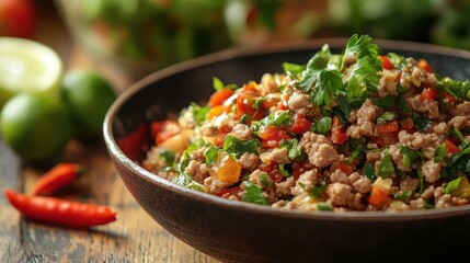 Deliciously spiced meat salad with fresh vegetables, herbs, and vibrant colors, perfect for healthy meals or entertaining.