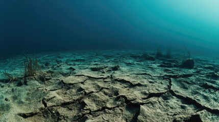 Fototapeta premium Parched ocean floor with cracked ground and remnants of marine vegetation.