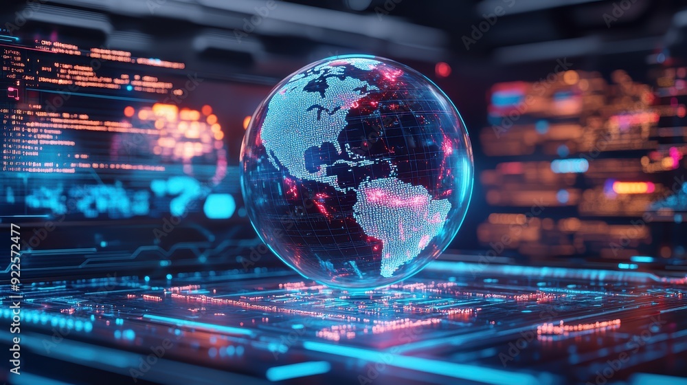 Poster futuristic digital globe displaying data and connectivity in vibrant colors, symbolizing technology 