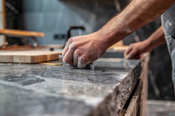 Hands measuring granite kitchen