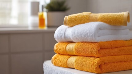 A stack of soft towels in yellow, orange, and white creates a warm and inviting palette, perfect for a cozy setting.