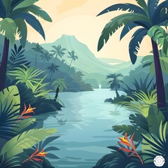 Tropical Jungle Landscape with River and Waterfall