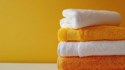 A stack of towels in warm hues of yellow, orange, and white creates a fresh and clean visual.