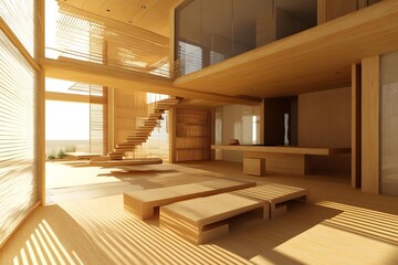 Fototapeta premium Modern Minimalist Wooden House Interior Design