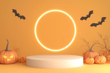 Colorful Halloween Decoration with Bats and a Bright Neon Circle in the Center.Generative AI  コウモリと中央に明るいネオンの円があるカラフルなハロウィーンデコレーション