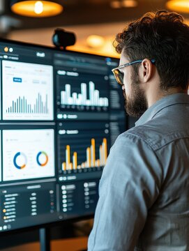 Digital marketing expert monitoring analytics dashboard on multiple screens