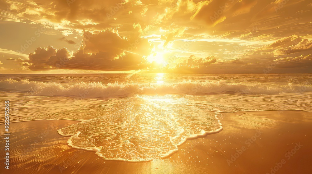 Poster a golden sunset casts its warm glow on a beach as waves gently lap at the shore, creating a serene a
