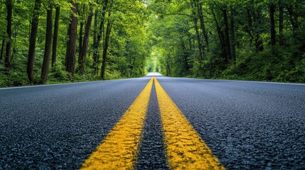 Obraz premium A straight road with trees on both sides, the yellow line in the middle drawing the eye forward, promising a serene drive.