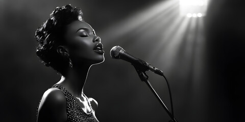 Black and white portrait of a female jazz singer performing passionately into a microphone with a spotlight above. Place for text.