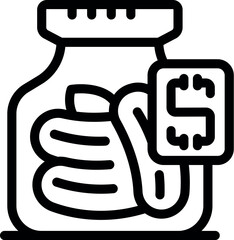 Line art icon of a pharmacy jar containing medicine with a high price tag, representing the rising cost of healthcare and pharmaceuticals